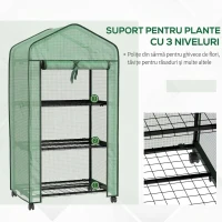 Outsunny Mini Seră de Grădină cu Acoperire din PE, 3 Rafturi și Roți, 69x49x130cm, Verde(m-4)