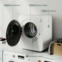 HOMCOM Mini Uscător de Rufe Portabil, Capacitate 2.5 kg, 5 Programe, 800/400 W, Tambur din Oțel Inoxidabil, Alb(m-7)