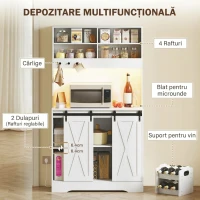 HOMCOM Bufet Bucătărie cu Prize Electrice, Lumină LED, Suport pentru Sticle și Uși Glisante, 100x38x180 cm, Alb(m-4)