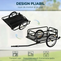 HOMCOM Remorcă Bicicletă cu Pereți Pliabili, Cârlig și 4 Reflectoare, din Oțel și PE, 139x71.5x49 cm, Negru(m-5)