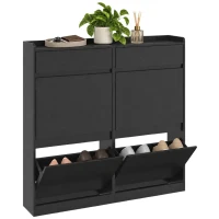 HOMCOM Slim-Schuhschrank aus Holz mit 4 Klappschubladen und 2 Ausziehschubladen, 98x19.2x95.3 cm, Schwarz(m-8)