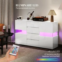 HOMCOM Bufet Modern cu LED Reglabil cu Telecomandă, 4 Sertare și 2 Dulapuri, 120x34x70 cm, Alb(m-5)
