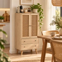 Highboard 120 cm met 2 lades en 2 deuren, rattan-deuren en push-to-open systeem, veel opbergruimte en multifunctioneel als tv-meubel, spaanplaat met massief houten poten, draagkracht 30 kg, 60x40x120 cm, naturel(m-2)
