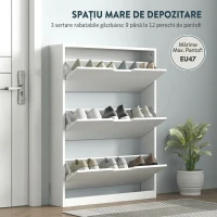HOMCOM Pantofar Slim cu 3 Sertare Rabatabile cu Decupaj Inferior, din Lemn, 80x17x108 cm, Alb(m-4)