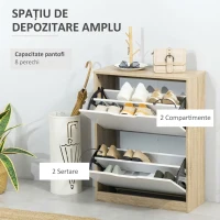 HOMCOM Dulap pentru Pantofi Slim, Economisitor de Spațiu, cu 2 Sertare pentru 8 Perechi de Pantofi, 62.5x26x81 cm, Lemn și Alb(m-4)