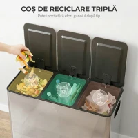 HOMCOM Coș de Gunoi cu 3 Compartimente de 20L cu Închidere Silențioasă, din Oțel Inoxidabil și PP, 61.9x36.6x56.7 cm(m-4)