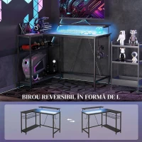HOMCOM Birou colțar reversibil cu LED, prize de curent și USB, rafturi și suport pentru monitor, negru(m-6)