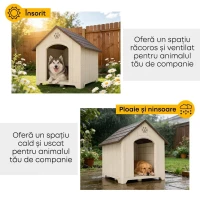 PawHut Căsuță pentru câini de exterior, talie mare și XL, căsuță din plastic impermeabil cu bază ridicată, ferestre și acoperiș înclinat pentru grădină, curte, terasă, casă, 102x94x103 cm, Bej(m-6)