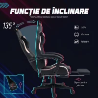 HOMCOM Scaun de Gaming Reclinabil cu Suport pentru Picioare și Perne, din Piele Ecologică și Spumă, 65x62x116-124 cm, Roz și Negru(m-6)