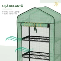 Outsunny Mini Seră de Grădină cu Acoperire din PE, 3 Rafturi și Roți, 69x49x130cm, Verde(m-7)