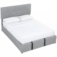 HOMCOM Pat cu ladă 140 x 190 cm, tapițat cu aspect de in, gri închis(m-12)