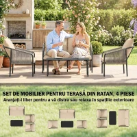 Outsunny Set Grădină Ratan 4 Piese, Canapea 2 Locuri, 2 Fotolii, Măsuță Metal, Cadru Oțel, Bej Gri Deschis(m-4)