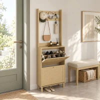 HOMCOM Perchero Zapatero con 2 Cajones Abatibles con Puertas de Ratán 8 Ganchos Estante Superior y Marco de Madera Natural(m-10)
