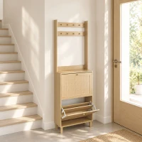 HOMCOM Porte-Manteau 2 en 1, Meuble d'Entrée avec Meuble à Chaussures, Portes Effet Rotin et 8 Crochets, Bois Naturel(m-2)