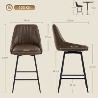 HOMCOM Bar Stools Set of 2, Swivel Counter Height Barstools with PU Leather, for Kitchen Island, Dining Room, Dark Brown(m-3)