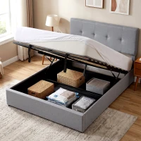 HOMCOM Pat cu ladă 140 x 190 cm, tapițat cu aspect de in, gri închis(m-8)
