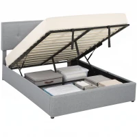 HOMCOM Pat cu ladă 140 x 190 cm, tapițat cu aspect de in, gri închis(m-11)