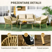 Outsunny Set Mobilier de Exterior cu Canapea cu 2 Locuri, 2 Fotolii cu Perne și Măsuță de Sticlă(m-6)
