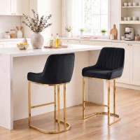 HOMCOM Bar Stools Set of 2 with Backrest, Footrest, Gold Electroplated Legs for Kitchen Island, Dining Room, Black(m-2)
