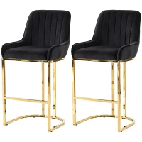 HOMCOM Bar Stools Set of 2 with Backrest, Footrest, Gold Electroplated Legs for Kitchen Island, Dining Room, Black(m-15)