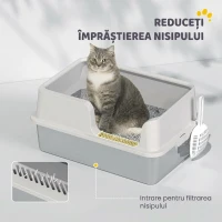 PawHut Litieră pentru Pisici cu Margini Ridicate, Tavă și Lopățică, din Oțel Inoxidabil și PP, 60x40x28 cm, Gri Deschis(m-6)