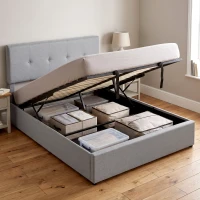 HOMCOM Pat cu ladă 140 x 190 cm, tapițat cu aspect de in, gri închis(m-2)