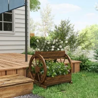 Outsunny Jardinieră în Lemn pentru Exterior pe 2 Nivele cu 3 Ghivece și Roți de Căruță în Stil Rustic, 64x54x60 cm(m-7)
