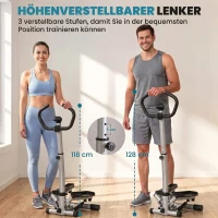 HOMCOM stepper met handvat fitness hometrainer voor thuis, klein fitnessapparaat voor been- en bodemtraining met LCD-scherm, instelbare snelheid Metaal ABS Zwart + Zilver 55 x 53 x 118-128 cm(m-4)