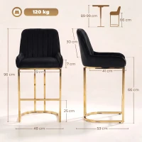 HOMCOM Bar Stools Set of 2 with Backrest, Footrest, Gold Electroplated Legs for Kitchen Island, Dining Room, Black(m-3)