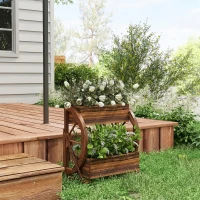 Outsunny Jardinieră din Lemn pentru Exterior pe 2 Niveluri cu 3 Ghivece și Roți de Car în Stil Rustic, 55x32x56cm(m-7)