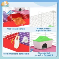 PawHut Cușcă pentru Hamsteri pe 2 Niveluri din Metal și PP cu Căsuță, Rezervor de apă și Roată, 47x30x27 cm(m-5)