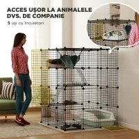 PawHut Cușcă Modulară pentru Pisici cu 4 Niveluri, cu Platforme, Rampe și 5 Uși, din Oțel și PP, 105x105x140 cm, Negru(m-6)