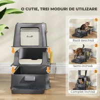 PawHut Litieră Închisă pentru Pisici de 80L cu Tavă Detașabilă, din ABS și Oțel Inoxidabil, 63x43x43 cm, Gri Închis(m-7)