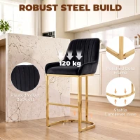 HOMCOM Bar Stools Set of 2 with Backrest, Footrest, Gold Electroplated Legs for Kitchen Island, Dining Room, Black(m-7)