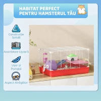 PawHut Cușcă pentru Hamsteri pe 2 Niveluri din Metal și PP cu Căsuță, Rezervor de apă și Roată, 47x30x27 cm(m-7)