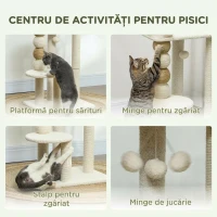 PawHut Turn pentru Pisici cu Pat, Platformă și Minge de Joacă, din Lemn, Pluș și Iută, 48.5x40x76 cm, Bej(m-5)