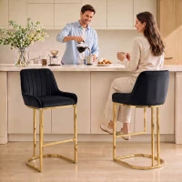 HOMCOM Bar Stools Set of 2 with Backrest, Footrest, Gold Electroplated Legs for Kitchen Island, Dining Room, Black(m-14)