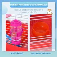 PawHut Cușcă pentru Hamsteri pe 2 Niveluri din Metal și PP cu Căsuță, Rezervor de apă și Roată, 47x30x27 cm(m-4)
