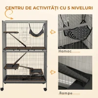 PawHut Cușcă pentru Rozătoare cu 4 Intrări și Niveluri Multiple, cu Hamac, din Metal și PP, 80x52x128 cm, Argintiu și Gri(m-6)