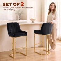 HOMCOM Bar Stools Set of 2 with Backrest, Footrest, Gold Electroplated Legs for Kitchen Island, Dining Room, Black(m-4)