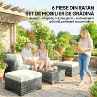 Outsunny Set Mobilier de Grădină din Ratan, 6 Piese, Fotoliu Colțar, Canapele fără Brațe, Suporturi pentru Picioare și Măsuță, Gri Amestecat(m-4)
