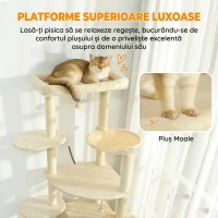 PawHut Arbore pentru Pisici Înalt de 200 cm pe Mai Multe Nivele cu 2 Căsuțe, 2 Paturi și Hamac, Structură pentru 2-3 Pisici, Bej(m-5)