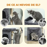 PawHut Turn pentru Pisici până la 7 kg cu 2 Căsuțe și Pat, Stâlp din Sisal și Acoperit cu Plus, Gri Închis(m-7)