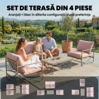 Outsunny Set de Grădină cu 4 Piese, Canapea, 2 Fotolii și Măsuță de Cafea Roz(m-4)