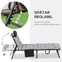 Outsunny Șezlong pliabil cu pernă, tetieră și buzunar lateral, 58x189x32,5 cm, gri deschis(m-4)
