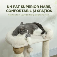 PawHut Turn pentru Pisici cu Pat, Platformă și Minge de Joacă, din Lemn, Pluș și Iută, 48.5x40x76 cm, Bej(m-4)