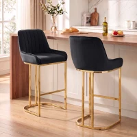 HOMCOM Bar Stools Set of 2 with Backrest, Footrest, Gold Electroplated Legs for Kitchen Island, Dining Room, Black(m-9)