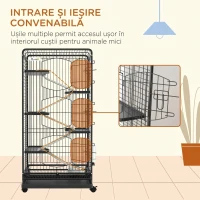 PawHut Cușcă pentru Animale Mici cu Roți, 5 Rampe și 5 Platforme, Bol și Sticlă, 61.5x44x131 cm, Negru(m-7)