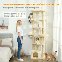 PawHut Arbore pentru Pisici Înalt de 200 cm pe Mai Multe Nivele cu 2 Căsuțe, 2 Paturi și Hamac, Structură pentru 2-3 Pisici, Bej(m-4)