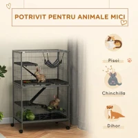 PawHut Cușcă pentru Rozătoare cu 4 Intrări și Niveluri Multiple, cu Hamac, din Metal și PP, 80x52x128 cm, Argintiu și Gri(m-4)